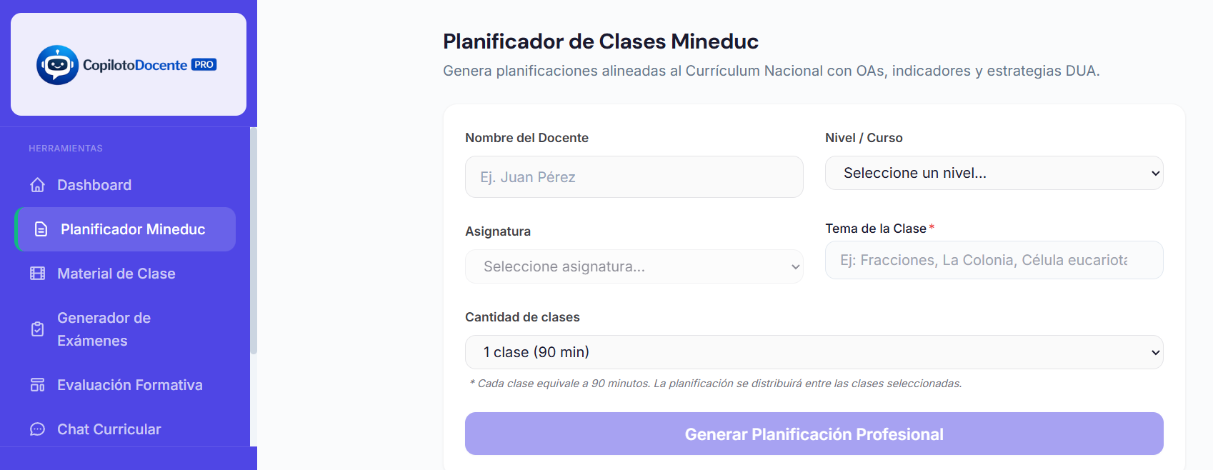 Vista real del Planificador de Clases Mineduc de Copiloto Docente